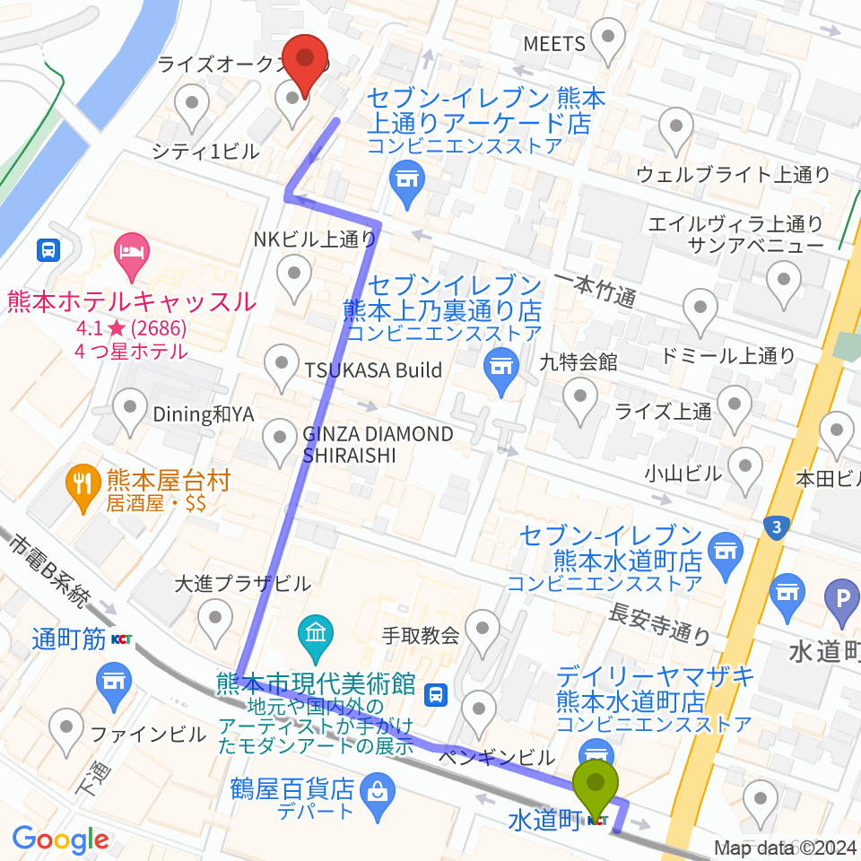 水道町駅から熊本B.9へのルートマップ地図