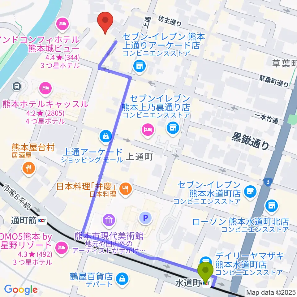 水道町駅から熊本B.9へのルートマップ地図
