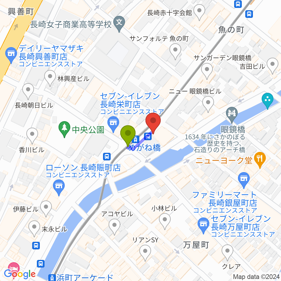 長崎DRUM Be-7の最寄駅めがね橋駅からの徒歩ルート（約1分）地図