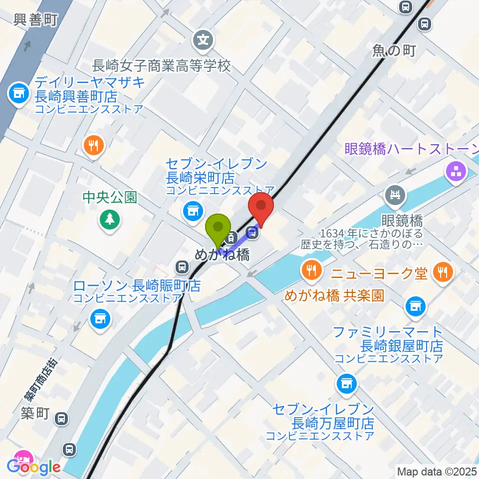 長崎DRUM Be-7の最寄駅めがね橋駅からの徒歩ルート（約1分）地図
