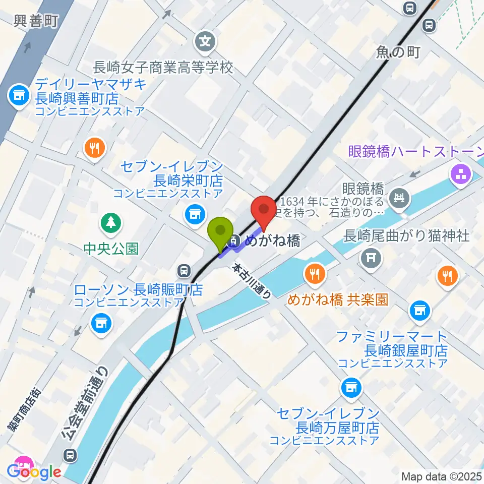 長崎DRUM Be-7の最寄駅めがね橋駅からの徒歩ルート（約1分）地図