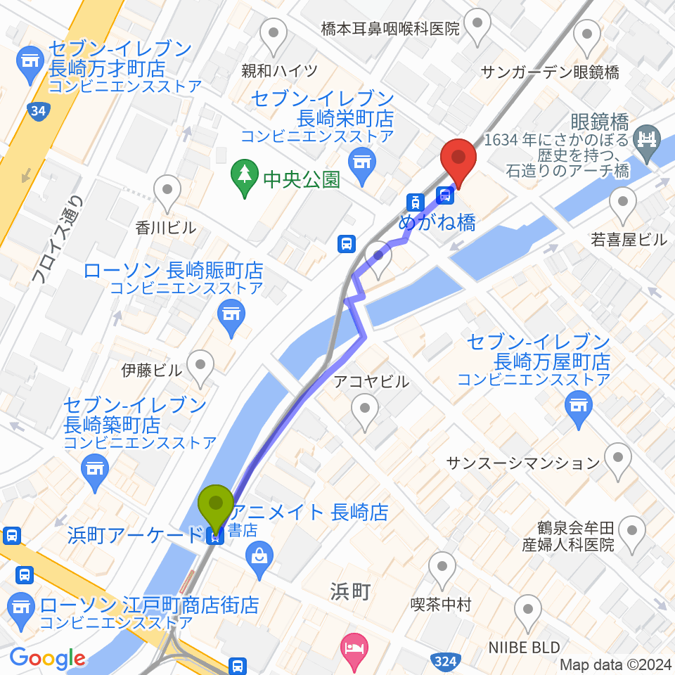 浜町アーケード駅から長崎DRUM Be-7へのルートマップ地図