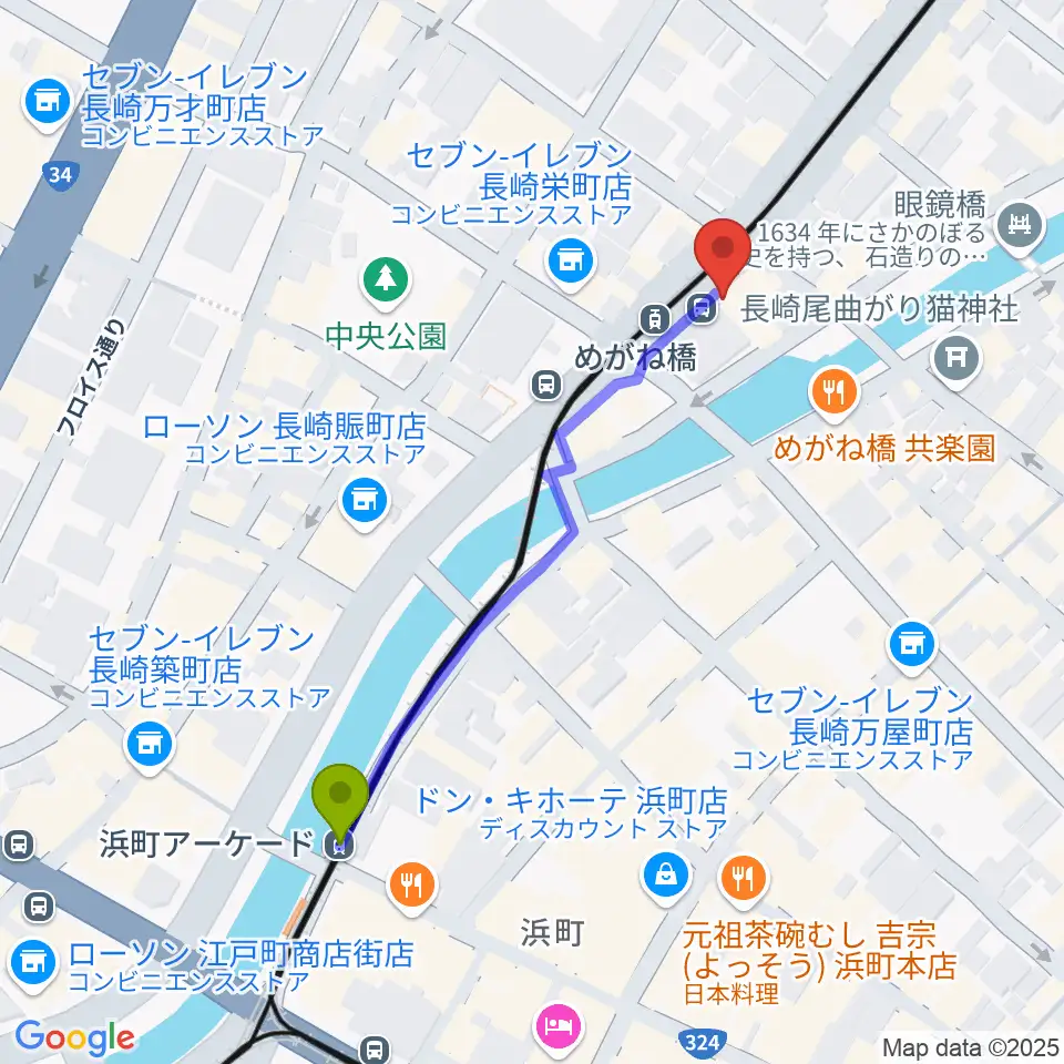 浜町アーケード駅から長崎DRUM Be-7へのルートマップ地図