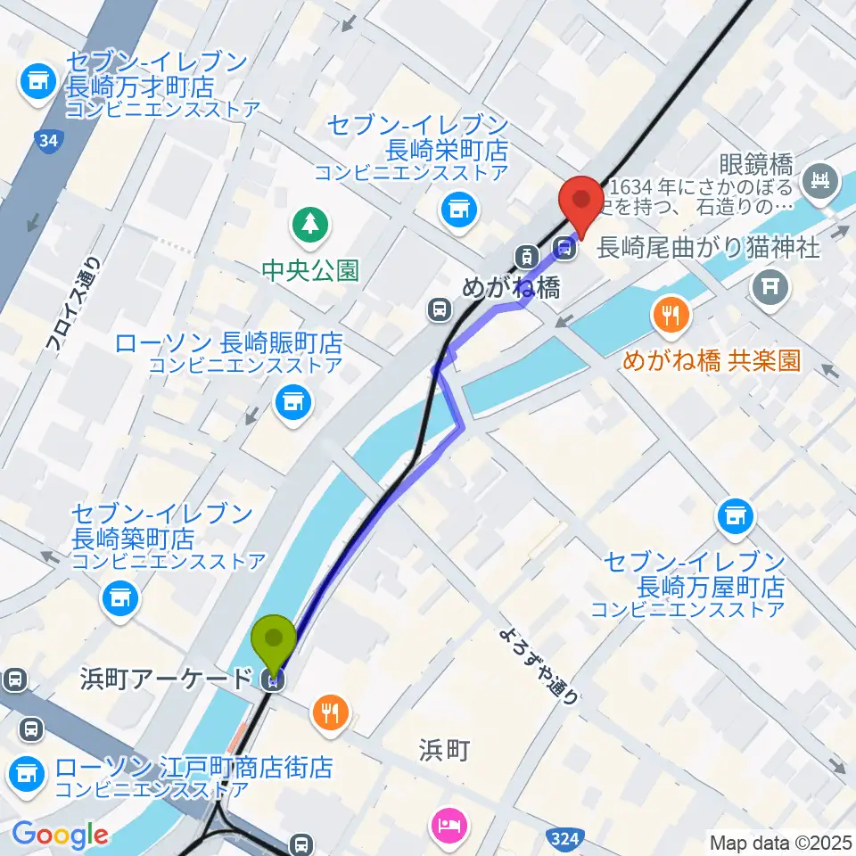 浜町アーケード駅から長崎DRUM Be-7へのルートマップ地図