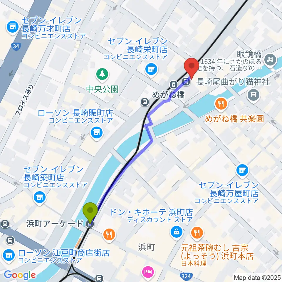 浜町アーケード駅から長崎DRUM Be-7へのルートマップ地図