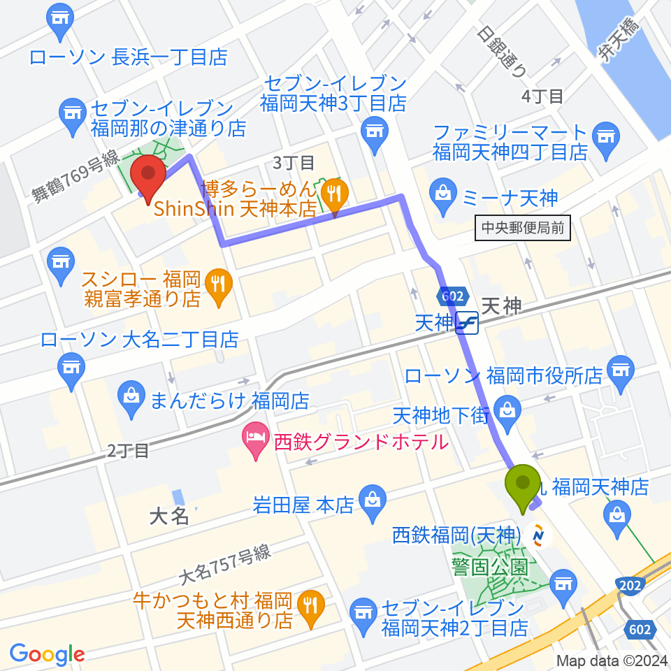 西鉄福岡（天神）駅から福岡DRUM LOGOSへのルートマップ地図