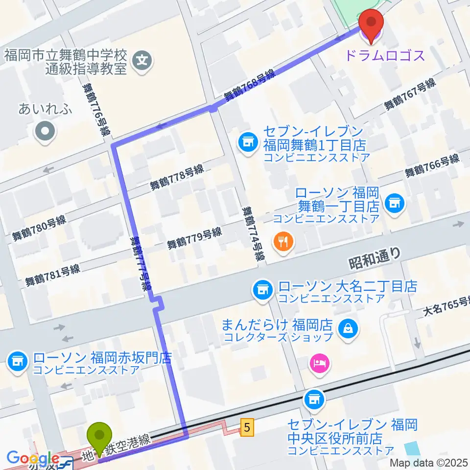 福岡DRUM LOGOSの最寄駅赤坂駅からの徒歩ルート（約8分）地図