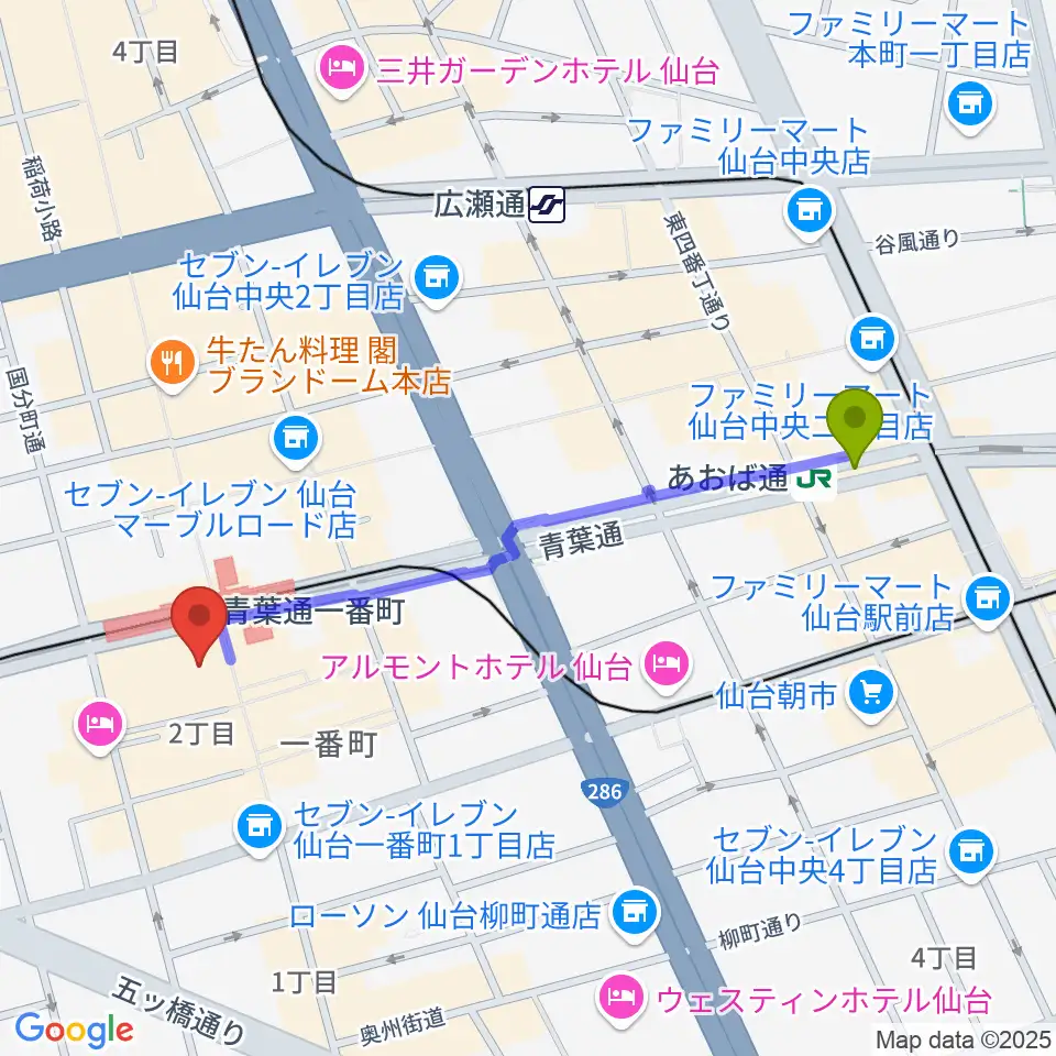 あおば通駅から仙台MACANAへのルートマップ地図