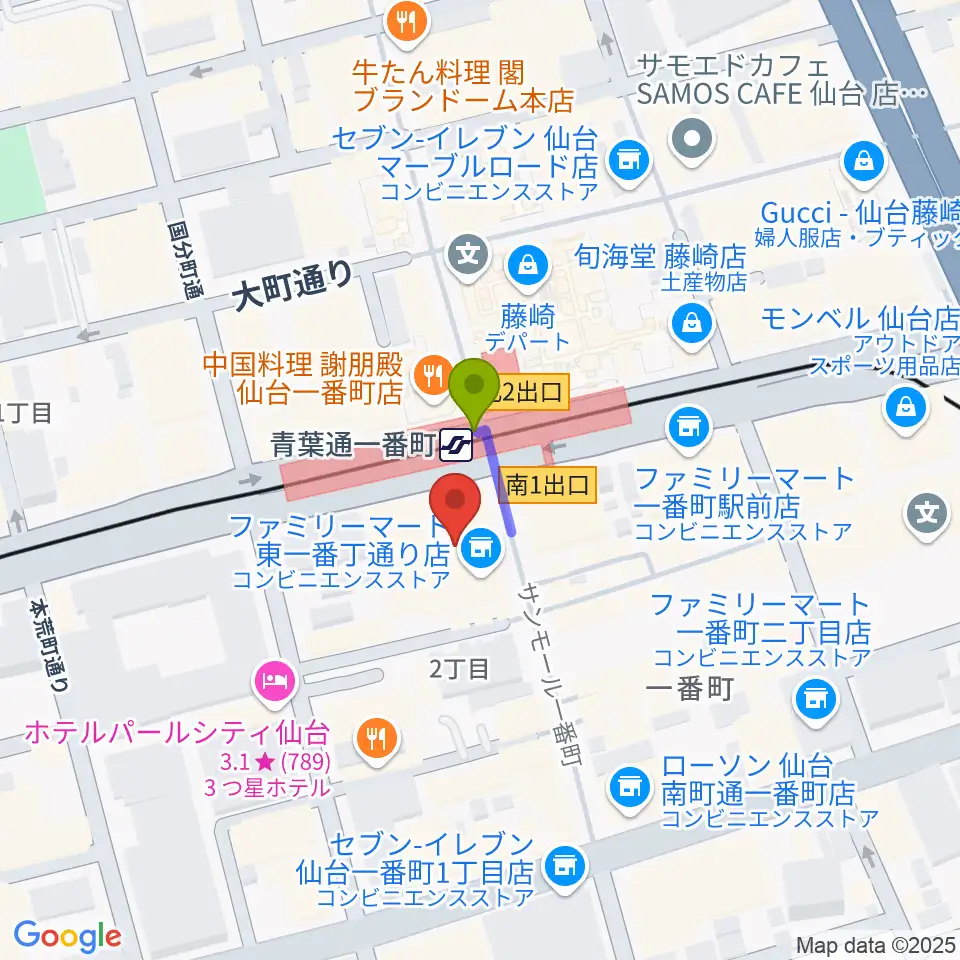 仙台MACANAの最寄駅青葉通一番町駅からの徒歩ルート（約1分）地図