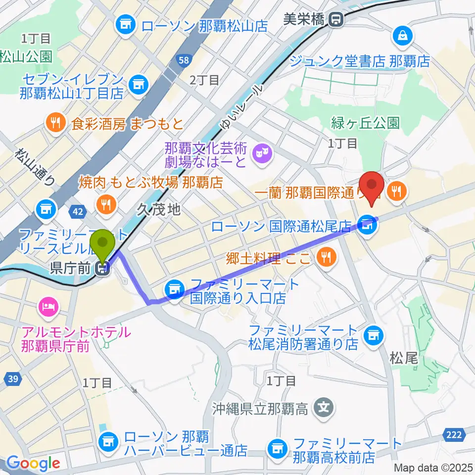 県庁前駅からライブハウス島唄へのルートマップ地図