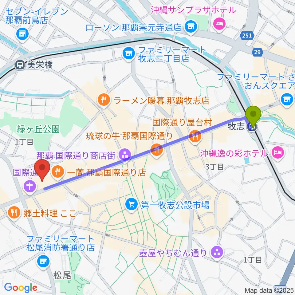 牧志駅からライブハウス島唄へのルートマップ地図