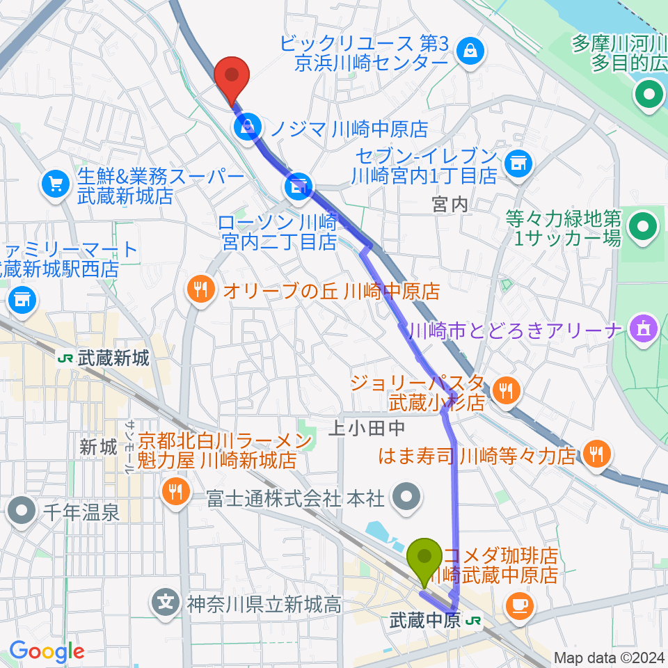 武蔵中原駅からサンフォニックスへのルートマップ地図