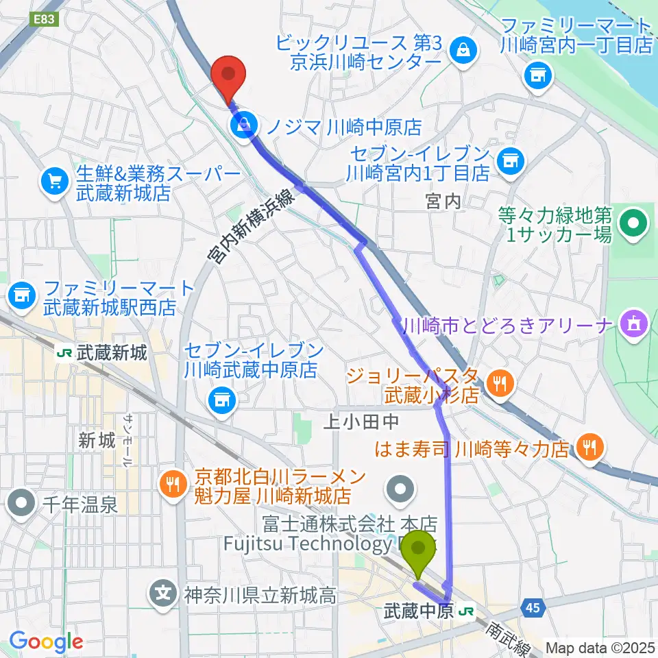 武蔵中原駅からサンフォニックスへのルートマップ地図