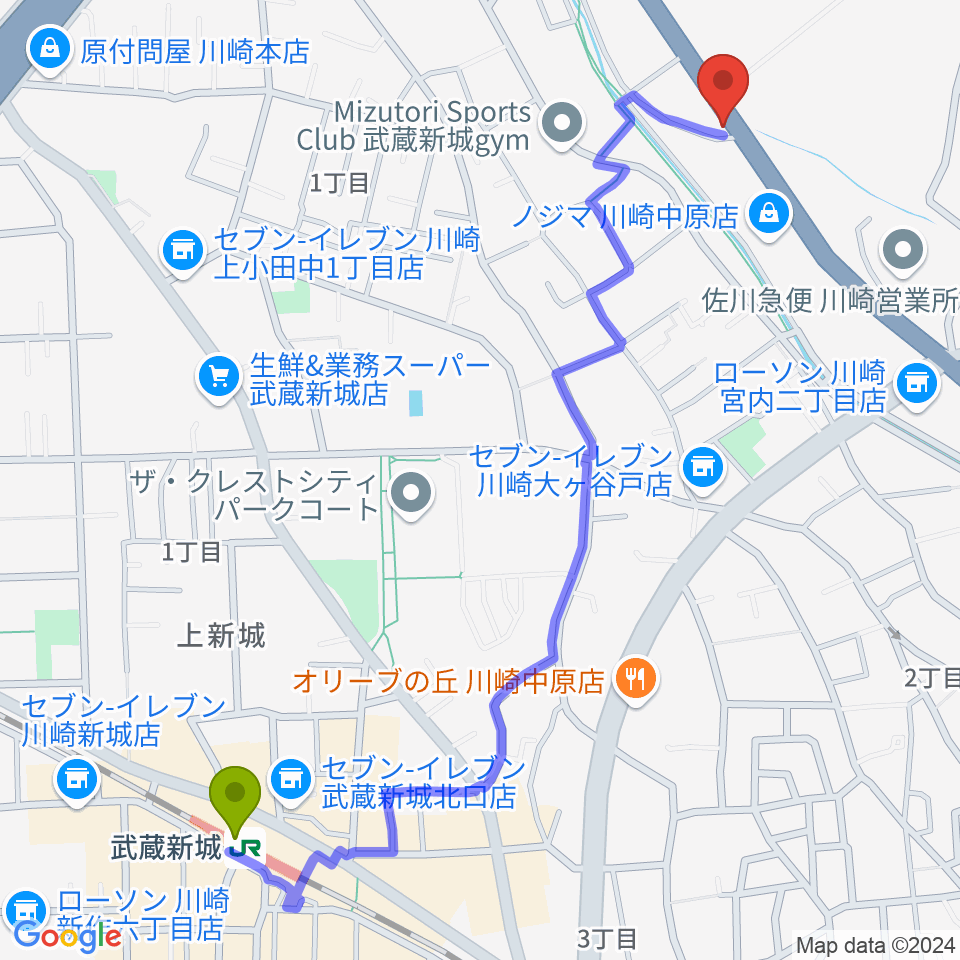 サンフォニックスの最寄駅武蔵新城駅からの徒歩ルート（約14分）地図