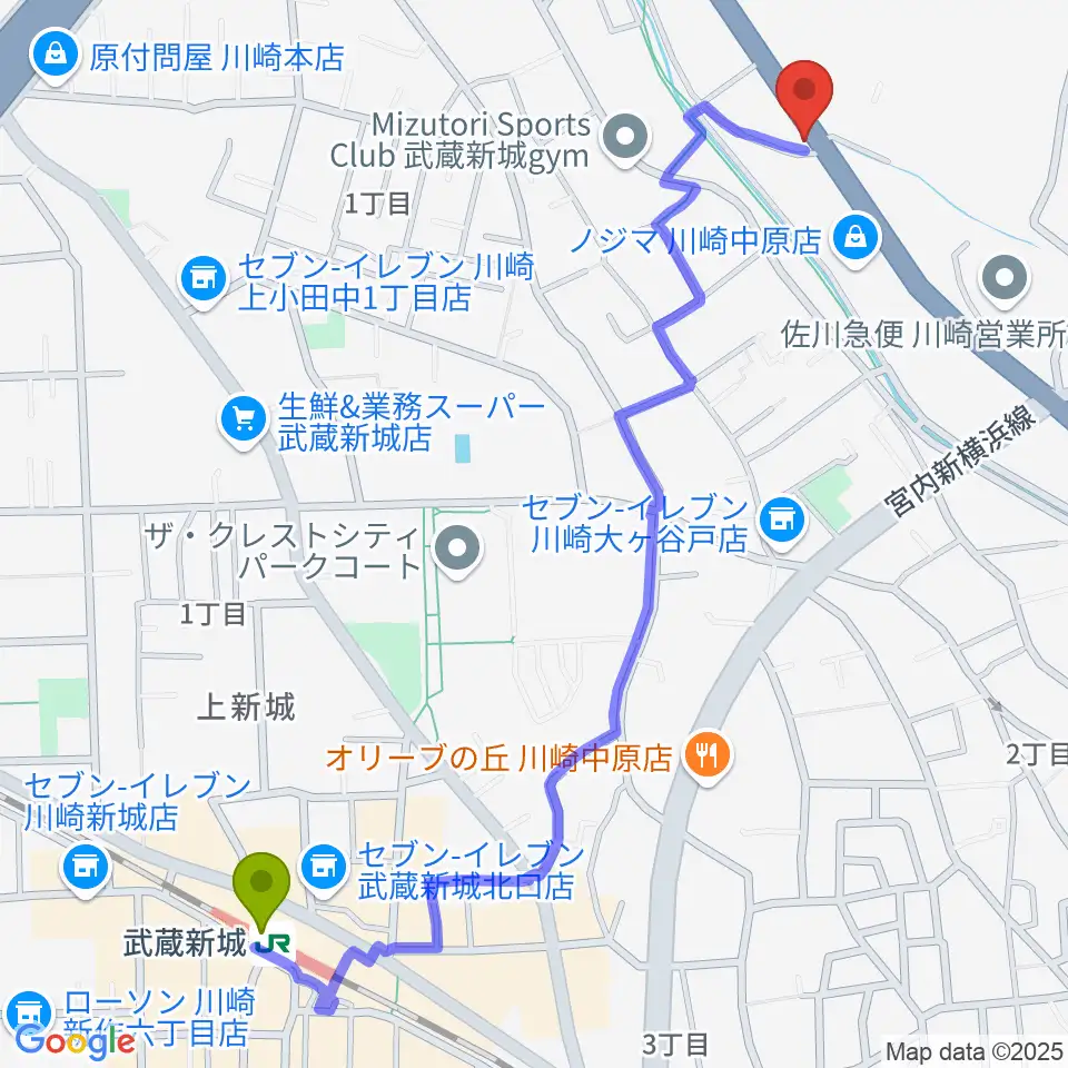 サンフォニックスの最寄駅武蔵新城駅からの徒歩ルート（約14分）地図