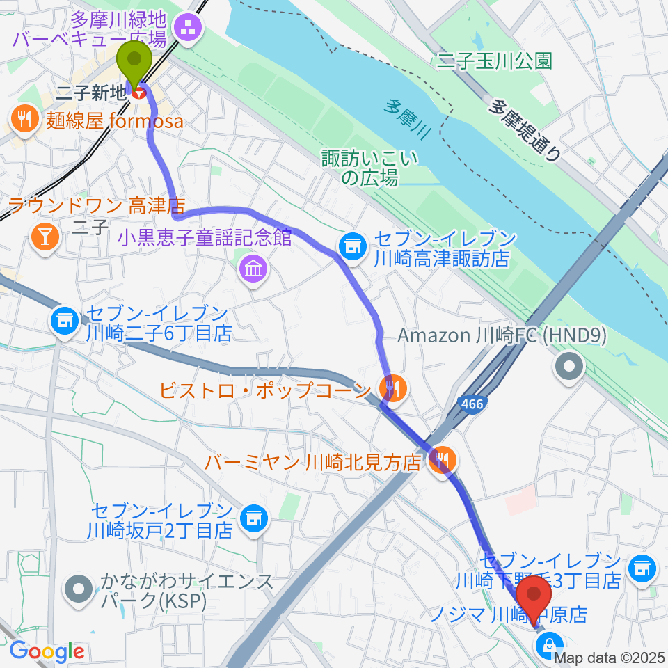 二子新地駅からサンフォニックスへのルートマップ地図