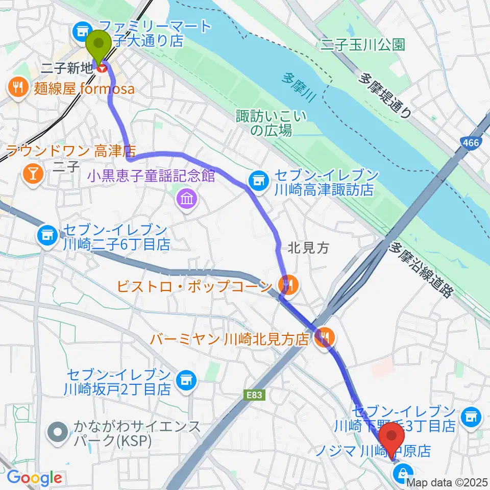 二子新地駅からサンフォニックスへのルートマップ地図