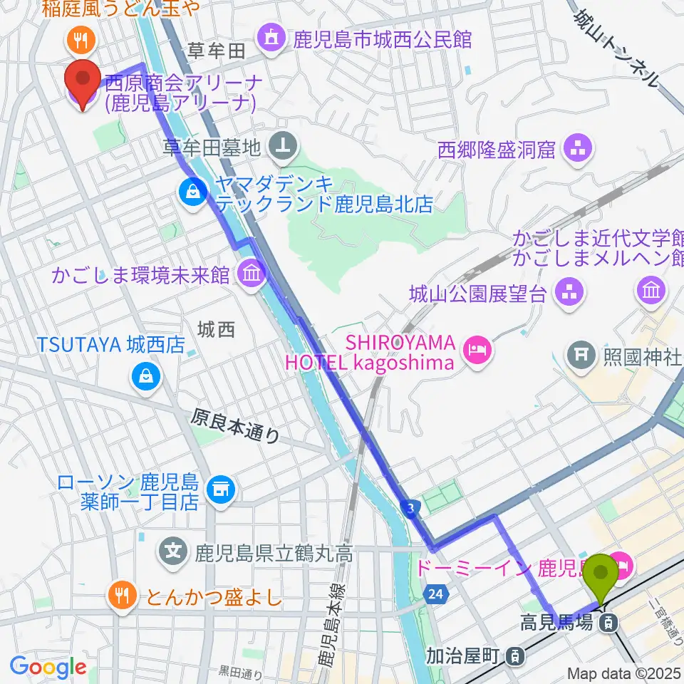 高見馬場駅から西原商会アリーナへのルートマップ地図