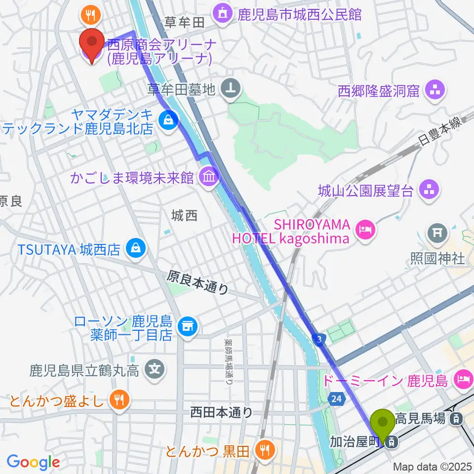 加治屋町駅から西原商会アリーナへのルートマップ地図