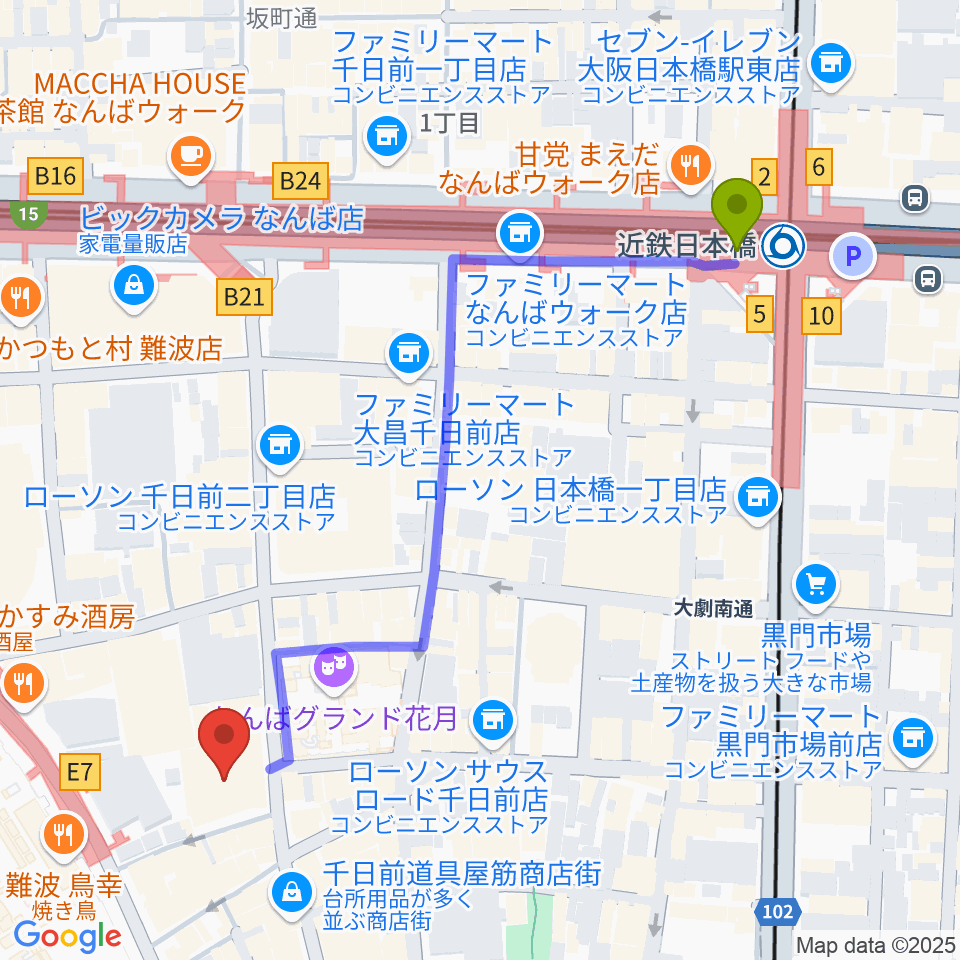 近鉄日本橋駅からNMB48劇場へのルートマップ地図