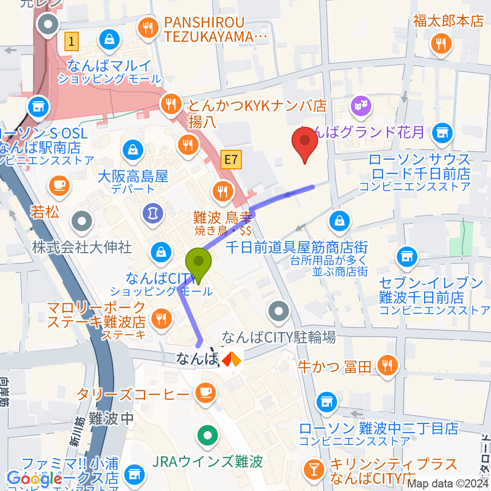 NMB48劇場の最寄駅難波駅からの徒歩ルート（約3分）地図