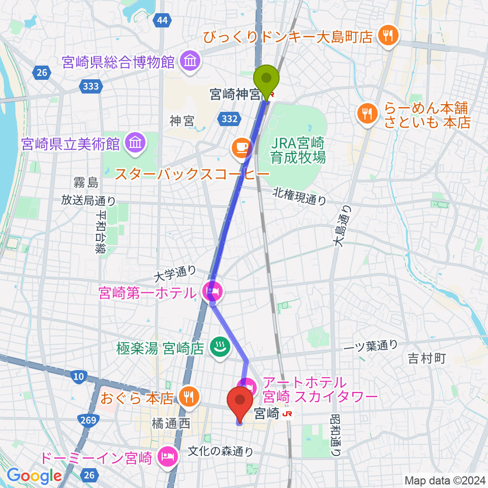 宮崎神宮駅からJazzSpot LIFE TIMEへのルートマップ地図