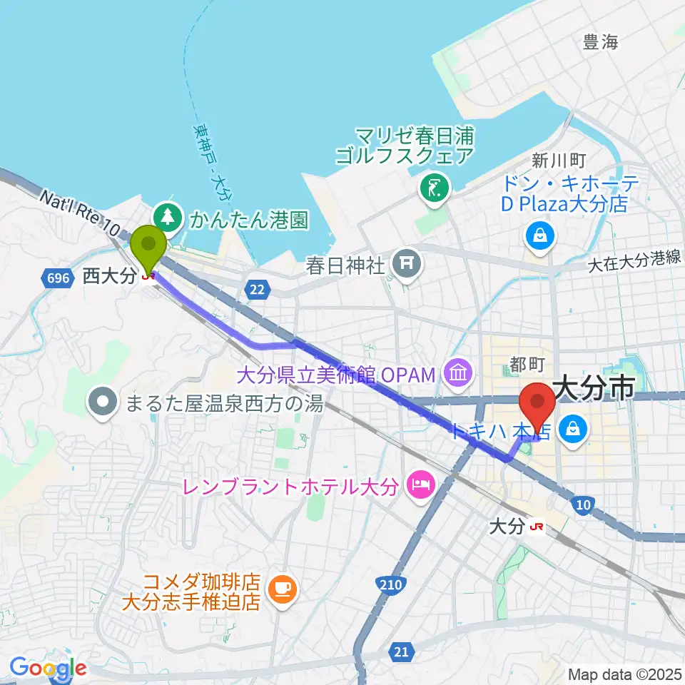 西大分駅からAT HALLへのルートマップ地図