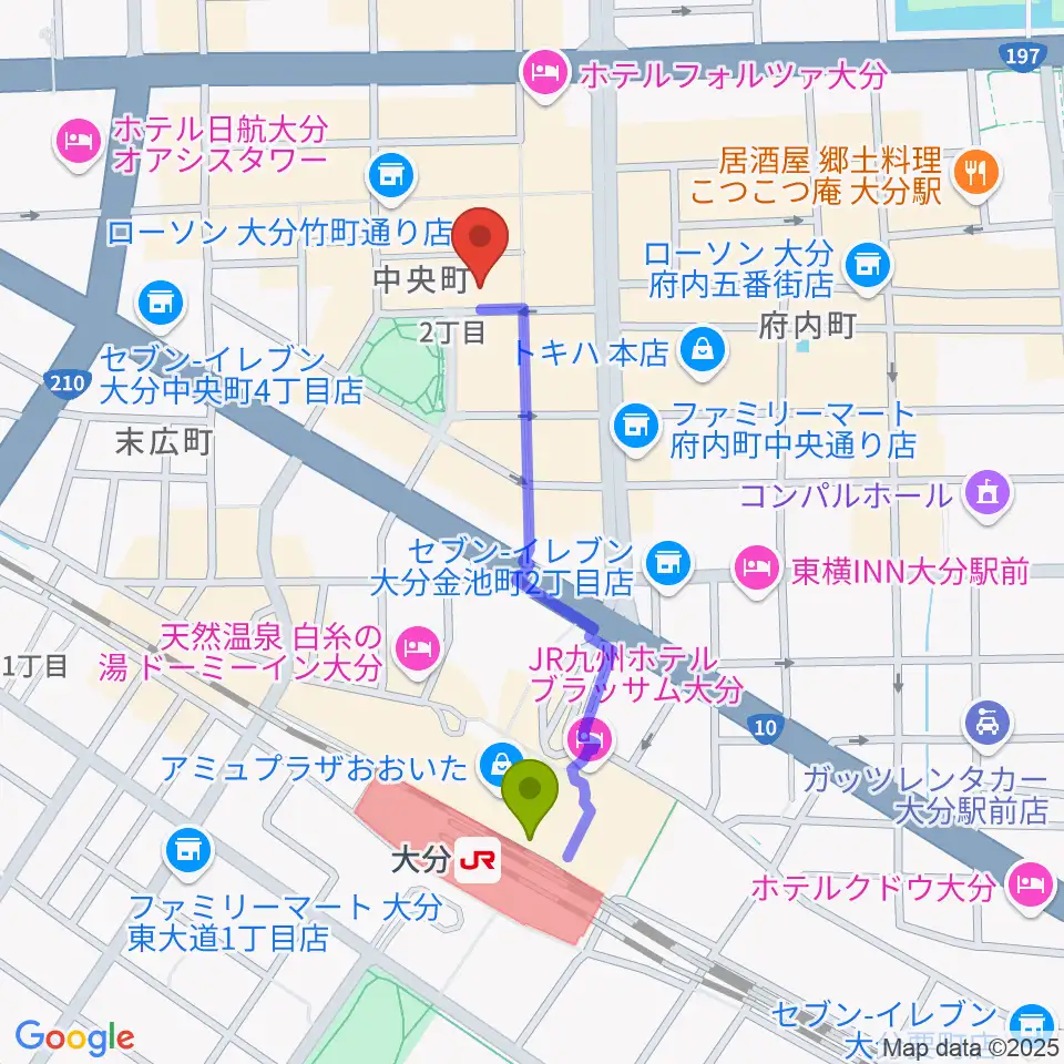AT HALLの最寄駅大分駅からの徒歩ルート（約8分）地図