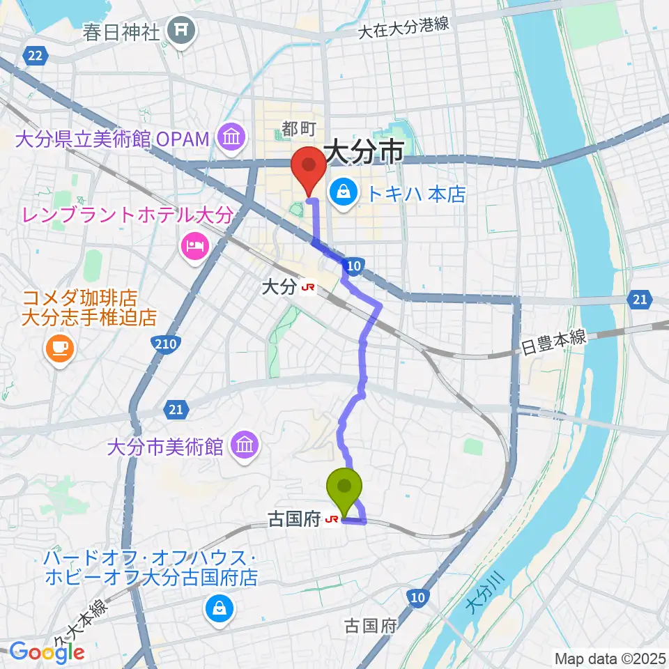 古国府駅からAT HALLへのルートマップ地図