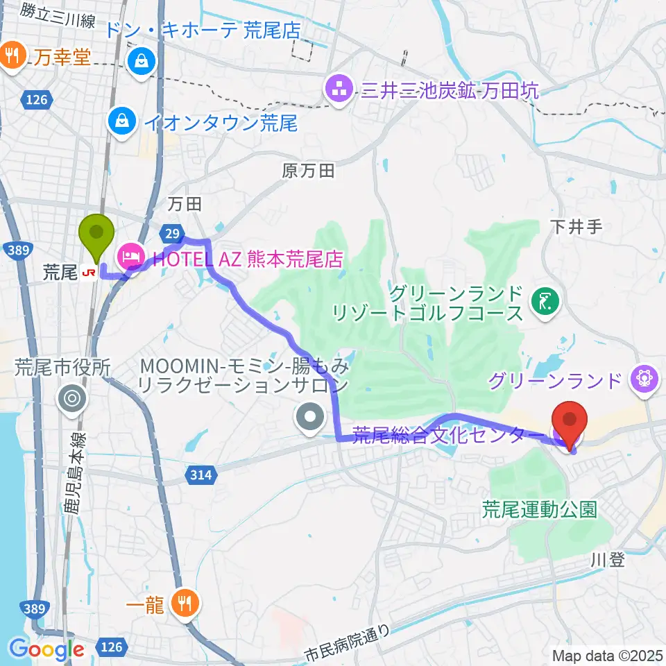 荒尾総合文化センターの最寄駅荒尾駅からの徒歩ルート（約49分）地図