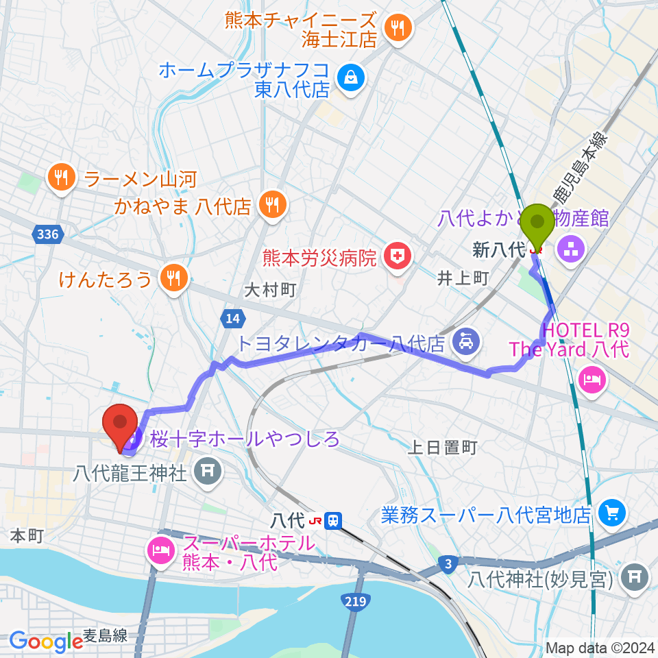 新八代駅から桜十字ホールやつしろへのルートマップ地図