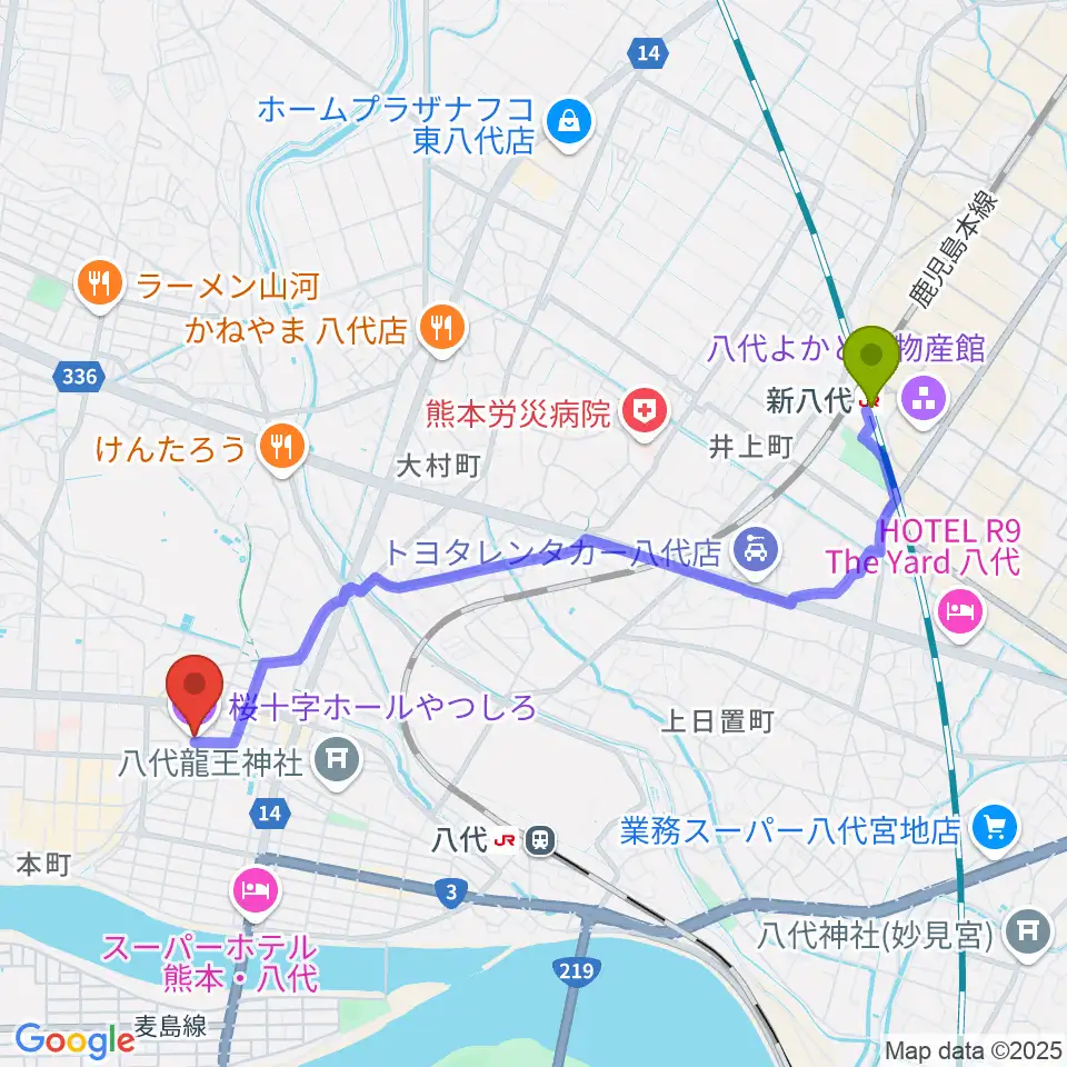新八代駅から桜十字ホールやつしろへのルートマップ地図