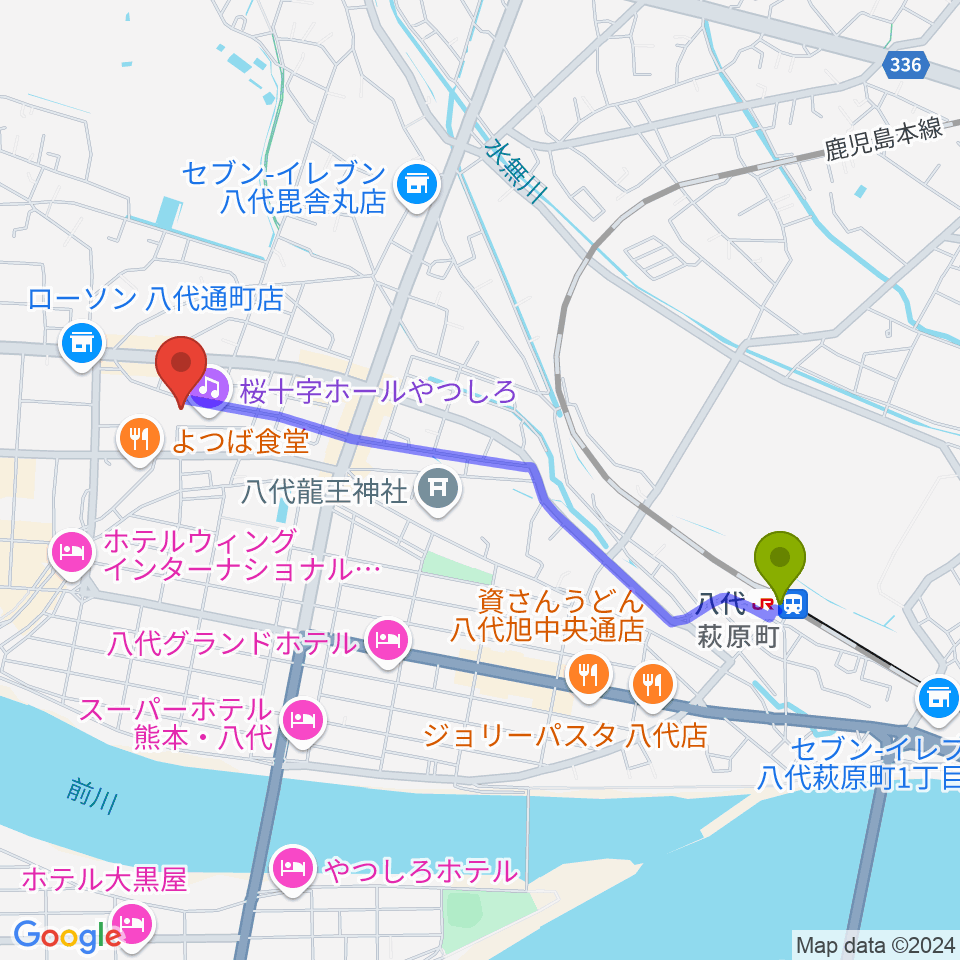 桜十字ホールやつしろの最寄駅八代駅からの徒歩ルート（約21分）地図