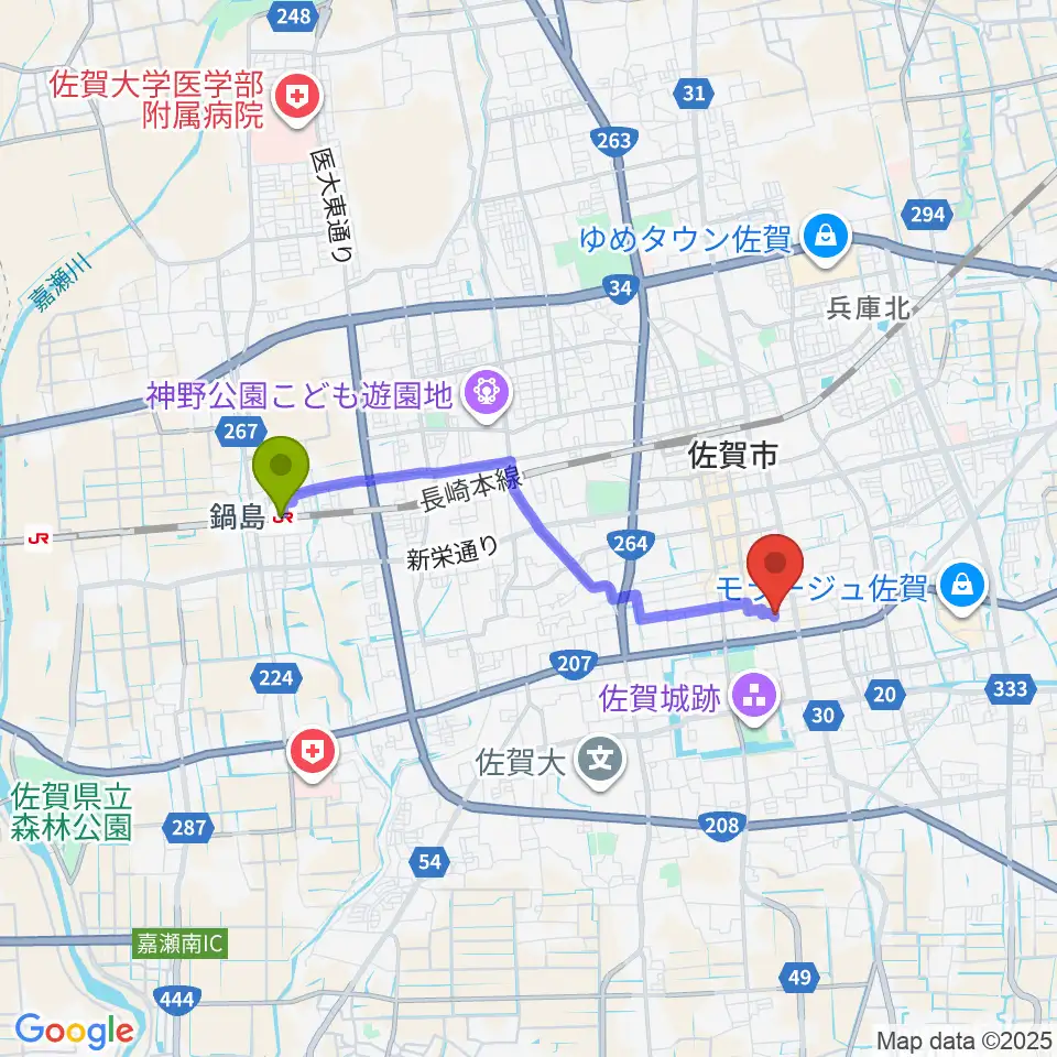 鍋島駅から佐賀RAG・Gへのルートマップ地図