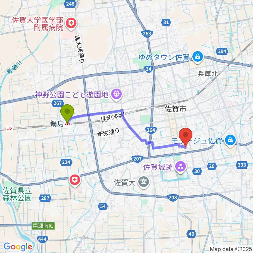 鍋島駅から佐賀RAG・Gへのルートマップ地図