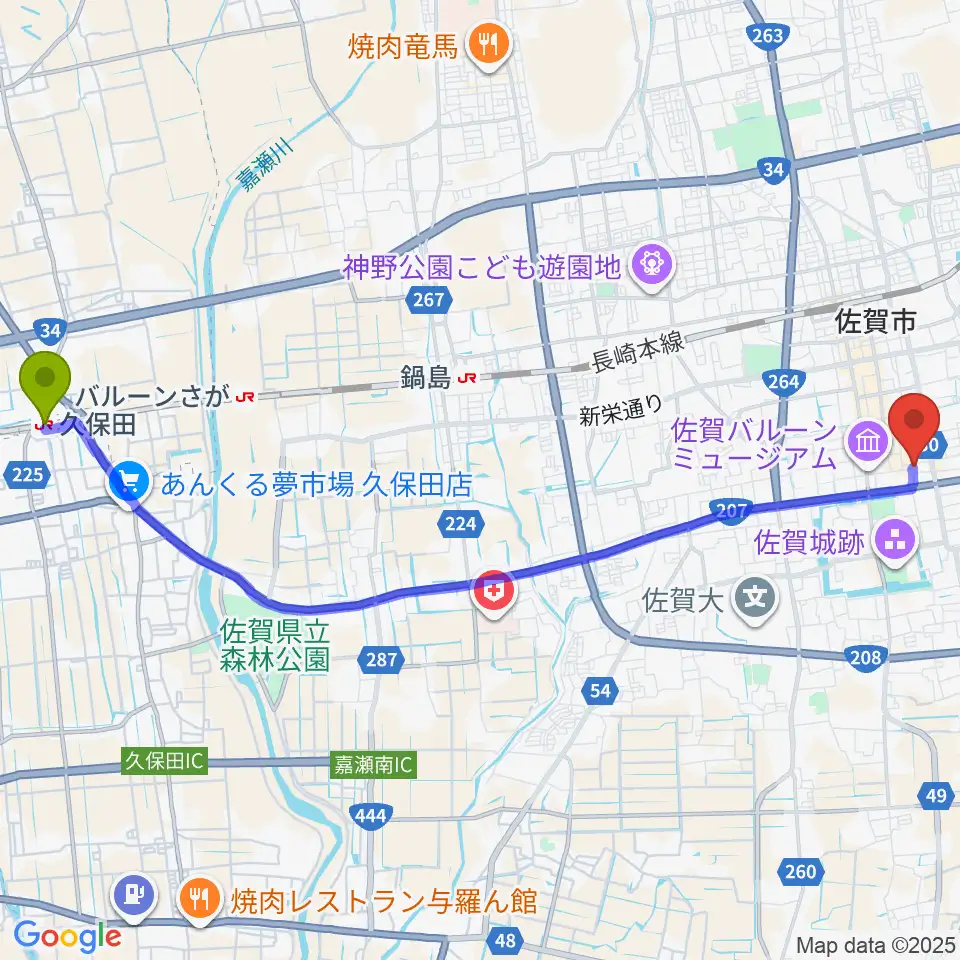 久保田駅から佐賀RAG・Gへのルートマップ地図