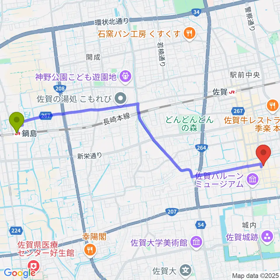鍋島駅から佐賀市文化交流プラザ交流センターへのルートマップ地図
