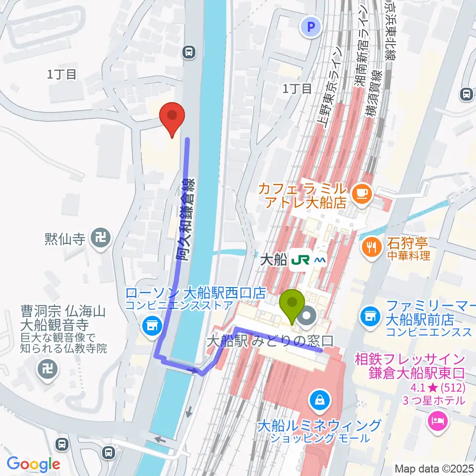 ピアノ百貨大船店の最寄駅大船駅からの徒歩ルート（約4分）地図