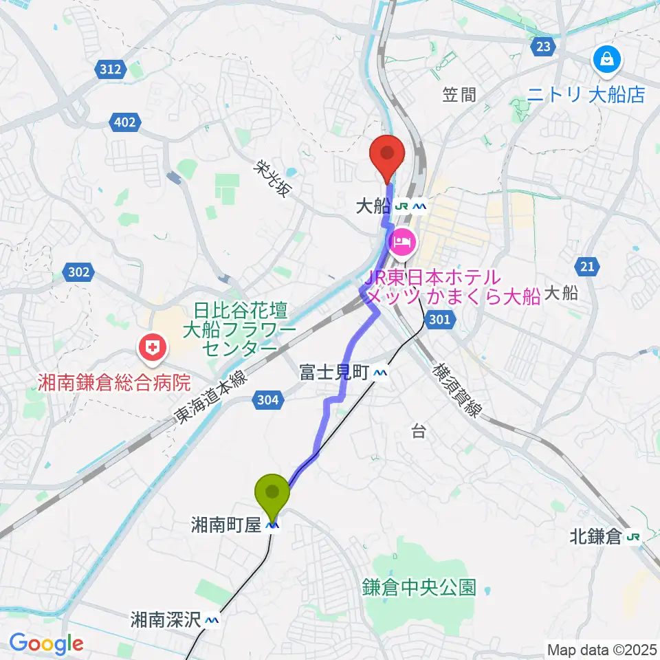 湘南町屋駅からピアノ百貨大船店へのルートマップ地図
