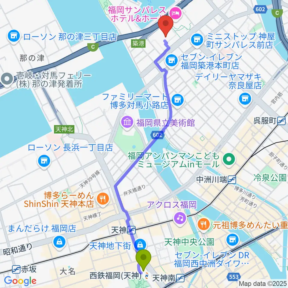 西鉄福岡（天神）駅から福岡国際センターへのルートマップ地図