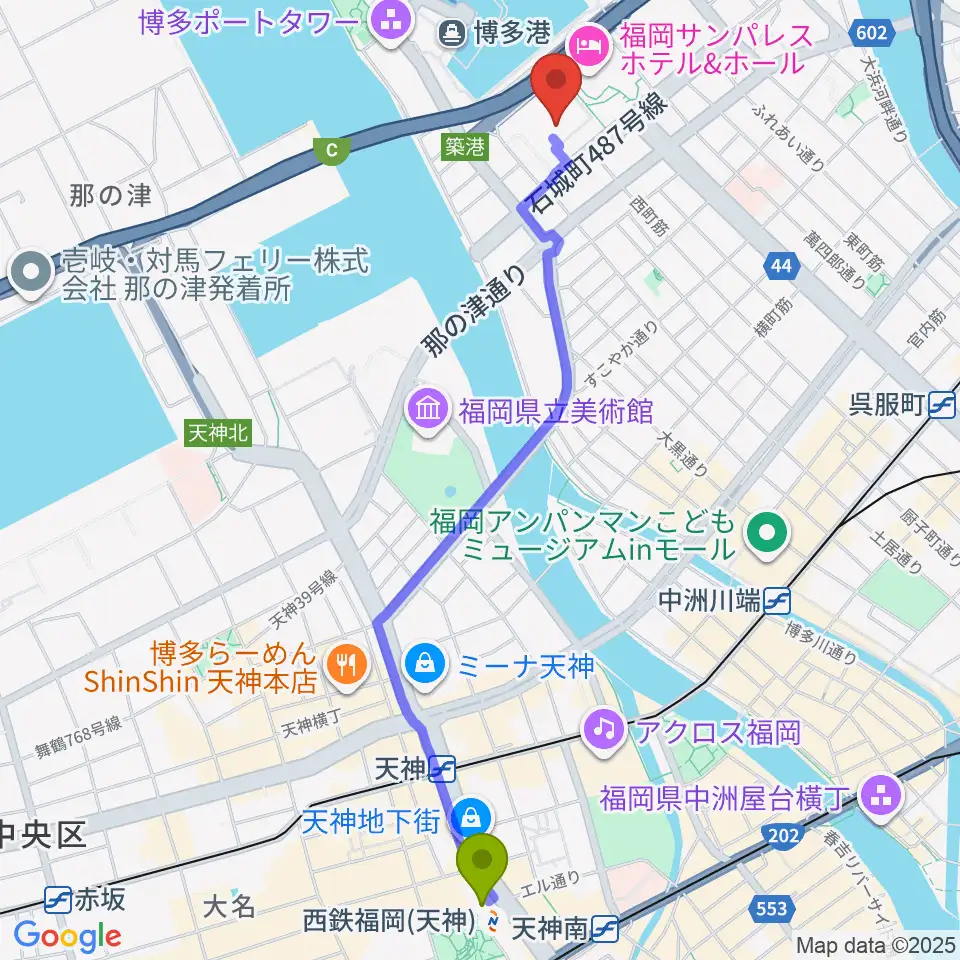 西鉄福岡（天神）駅から福岡国際センターへのルートマップ地図