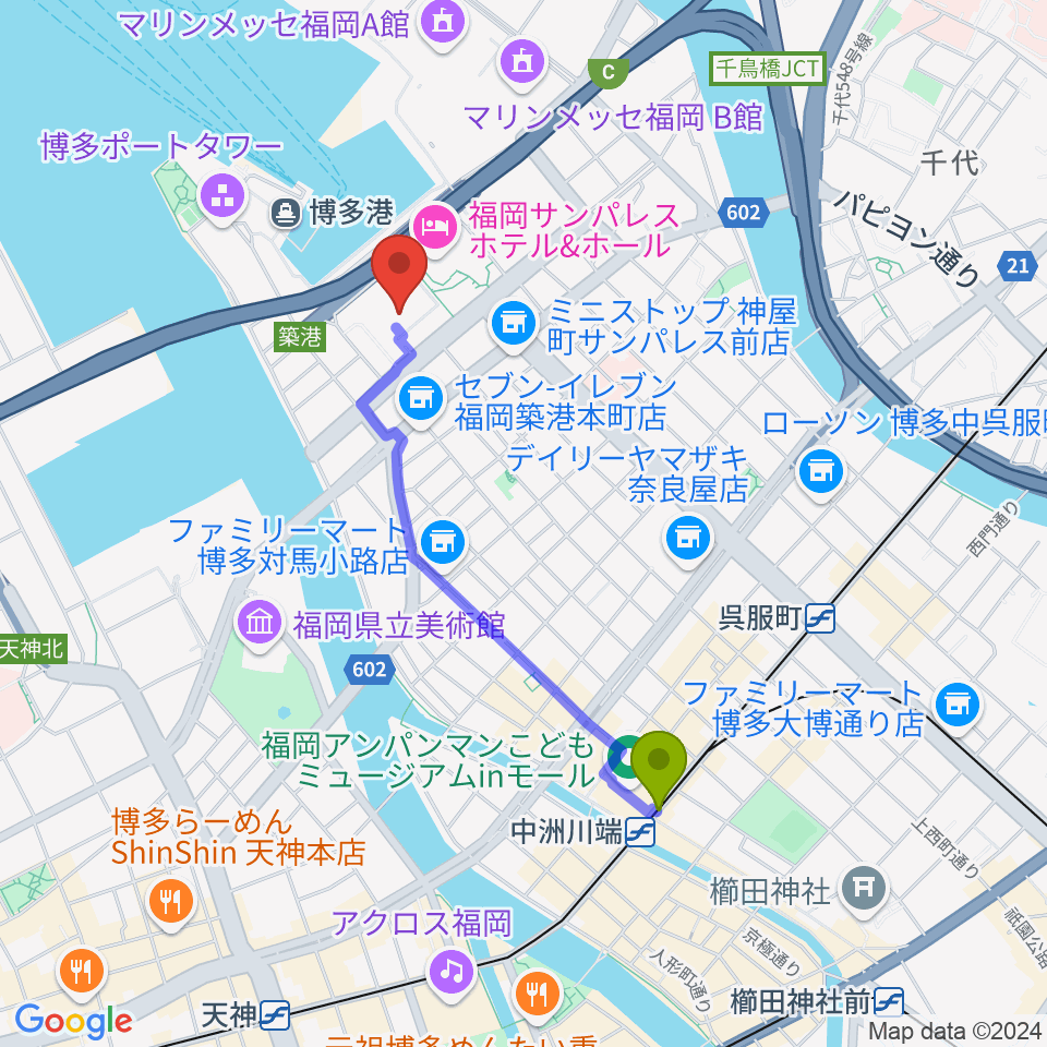 中洲川端駅から福岡国際センターへのルートマップ地図