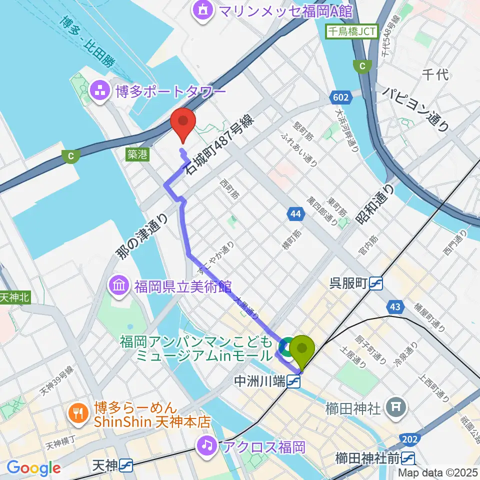 中洲川端駅から福岡国際センターへのルートマップ地図