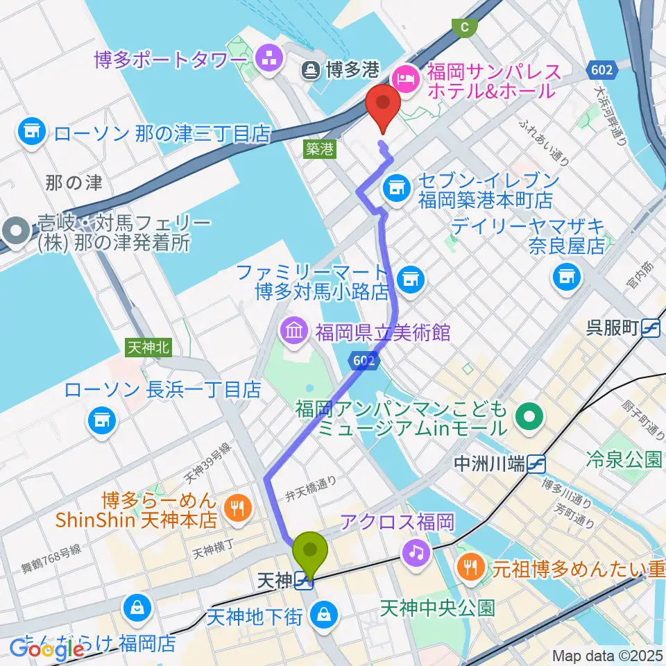 天神駅から福岡国際センターへのルートマップ地図