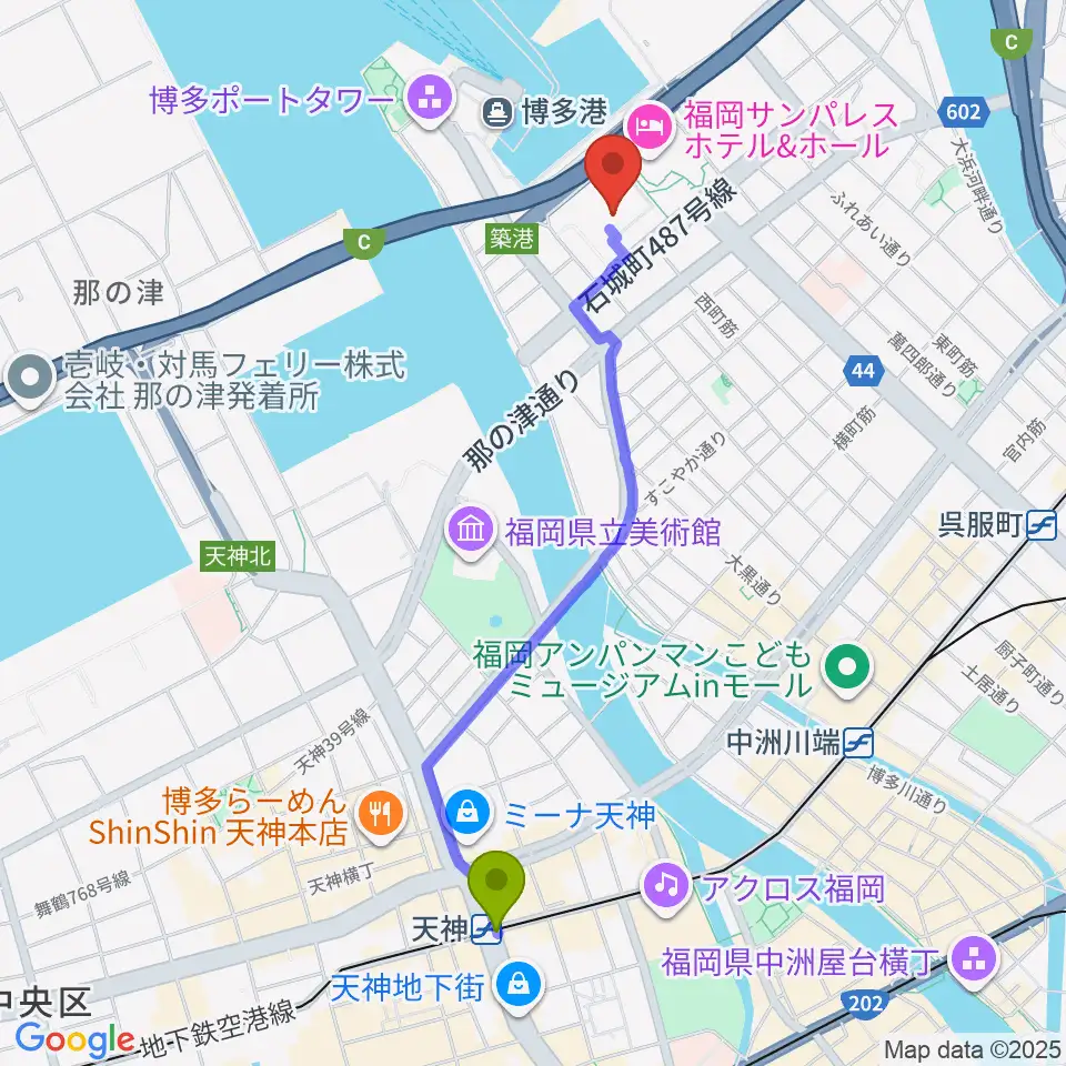 天神駅から福岡国際センターへのルートマップ地図