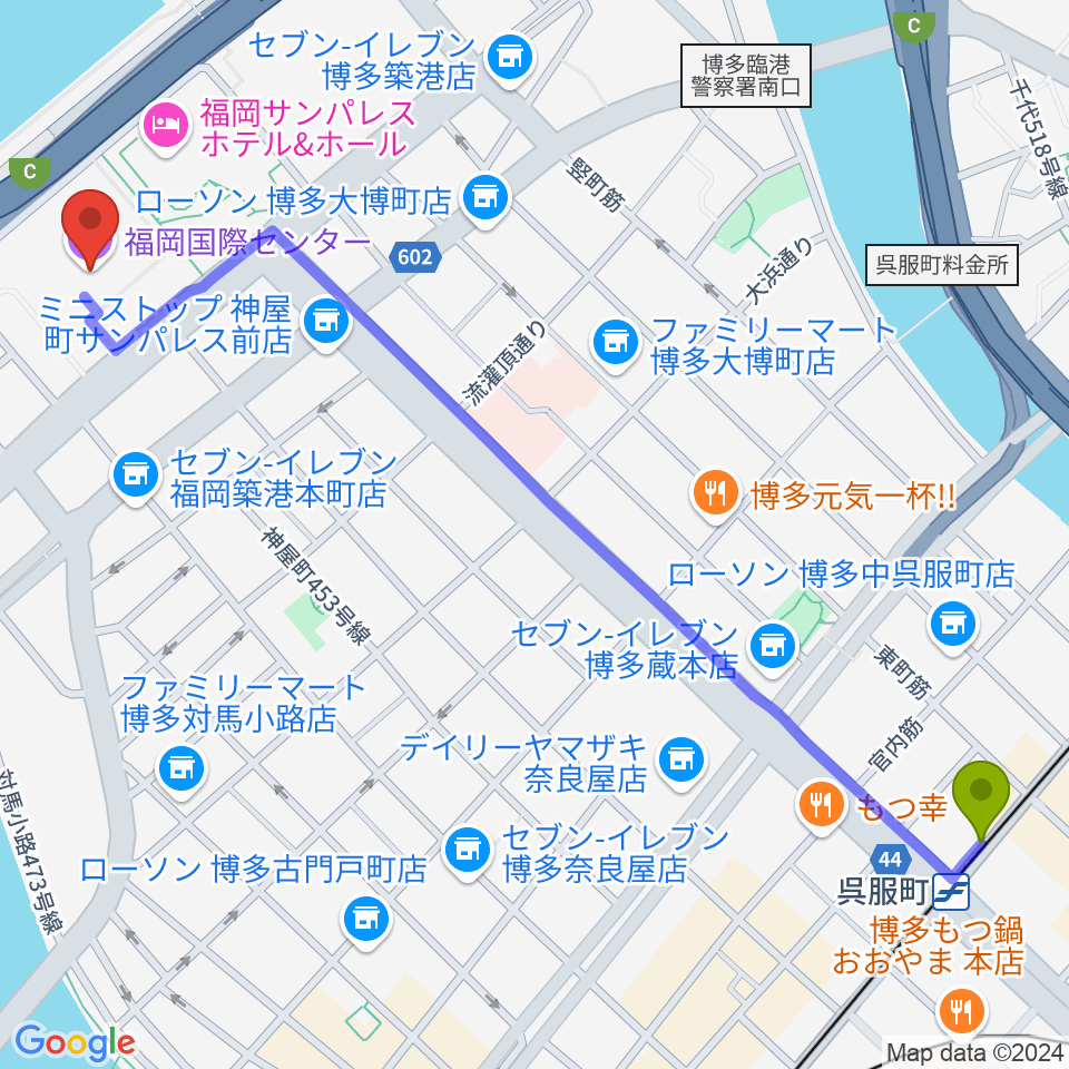 福岡国際センターの最寄駅呉服町駅からの徒歩ルート（約16分）地図