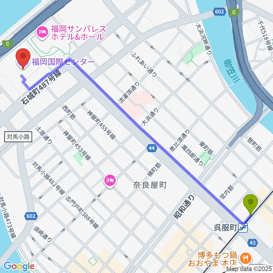 福岡国際センターの最寄駅呉服町駅からの徒歩ルート（約16分）地図