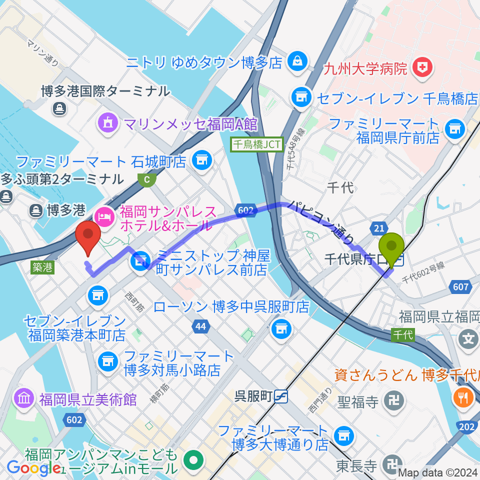 千代県庁口駅から福岡国際センターへのルートマップ地図