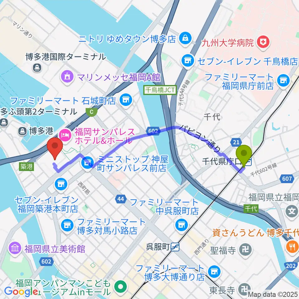 千代県庁口駅から福岡国際センターへのルートマップ地図