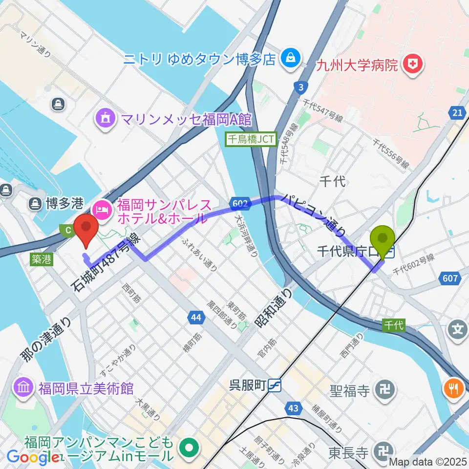 千代県庁口駅から福岡国際センターへのルートマップ地図